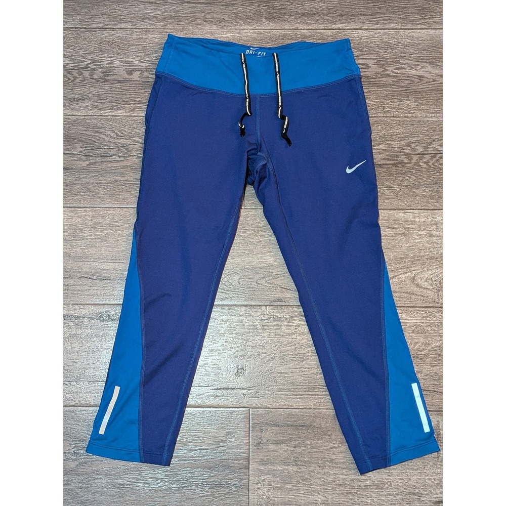 Nike Dri-FIT Womens M Blue Cropped Running Leggings Reflective Zipper Pocket
